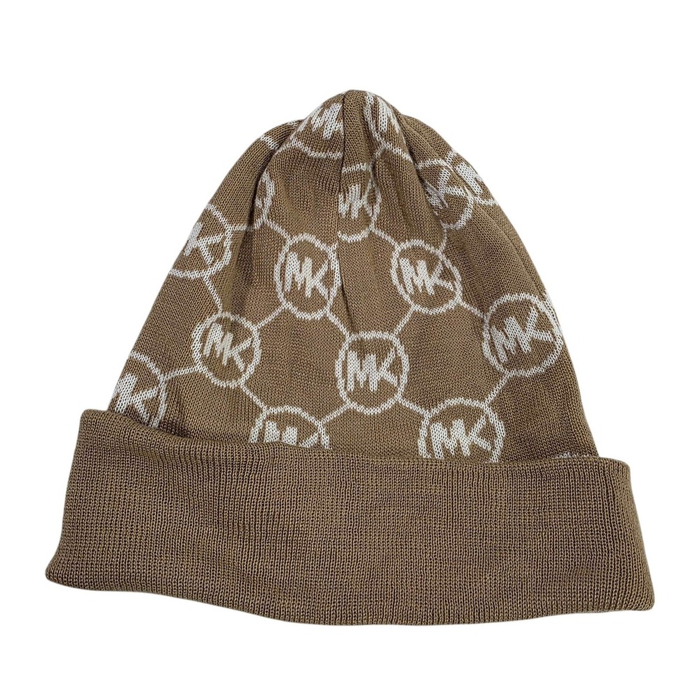 MICHAEL KORS‎ Beanie Hat Monogram Logo Acrylic Brown One Size Winter Skiing Cold